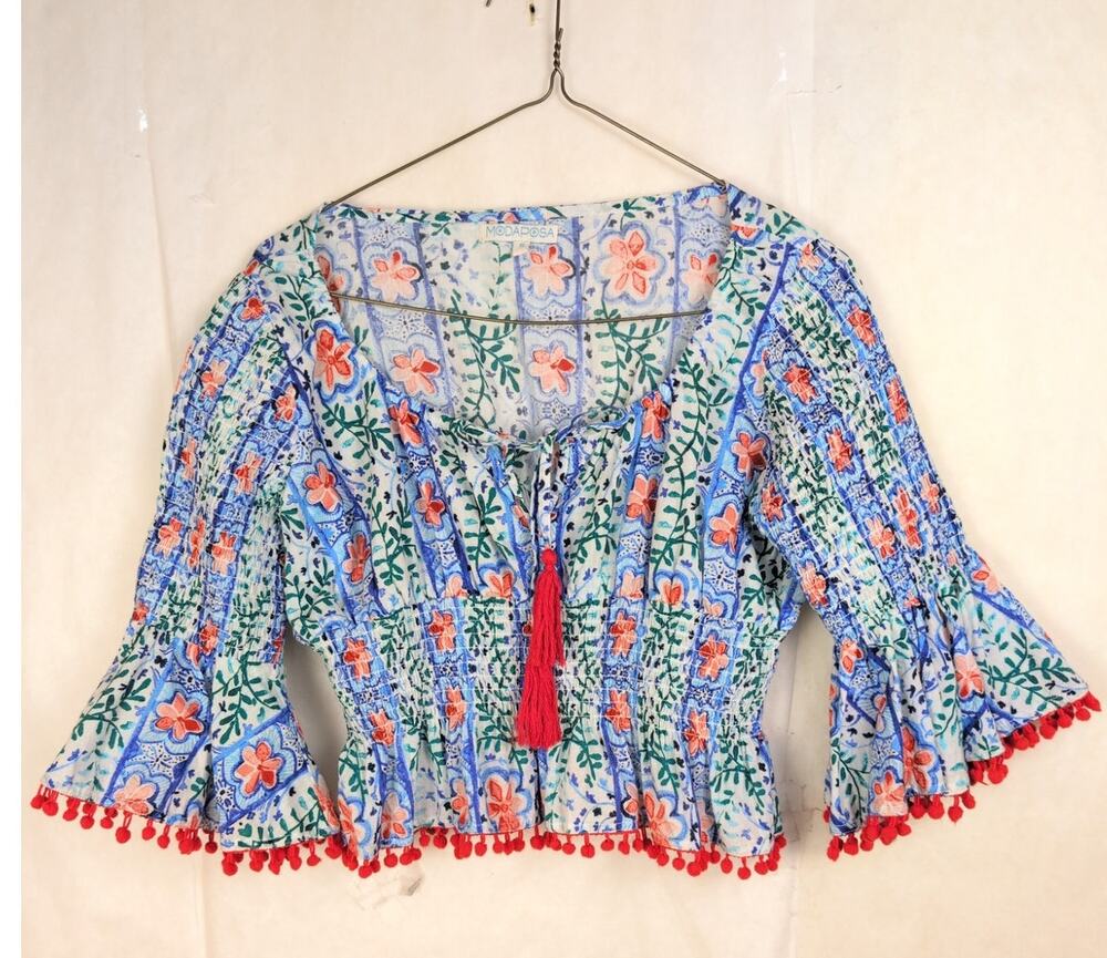 Modaposa floral pom pom trim smocked waist bell sleeve top Size Small Boho Retro